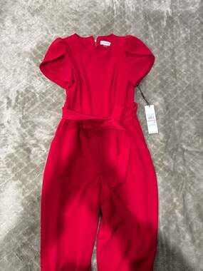 Calvin Klein Red Split Flutter Sleeve Belted Cropped Jumpsuit